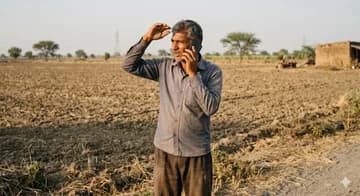 Indian farmer taking a phone call at the edge of a farm field